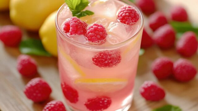 A refreshing summer drink with a twist, featuring ripe raspberries and lemons.