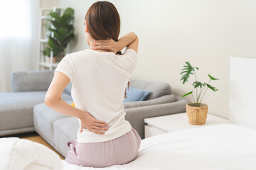 Pain body muscles stiff problem, asian young woman painful with back, neck ache from work hand...