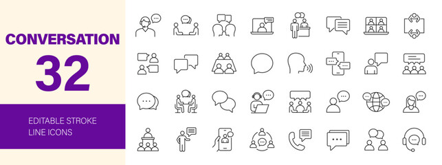 Conversation icon set. Containing chat, speech, discussion, talking, speaking, communication, interview, message, speech bubble and more. Editable line icons. Vector illustration.