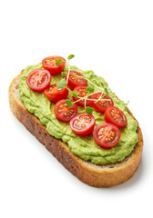 Avocado toast with sliced tomatoes isolated on white background