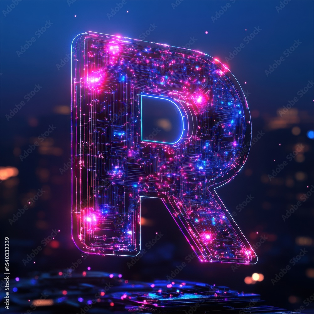 Aufkleber illuminated letter r with circuit board texture floating above a surface