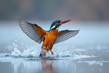 Kingfisher diving into still lake, splash frozen mid-air.
