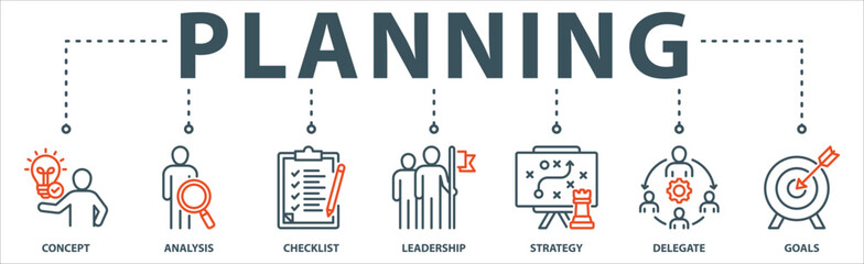 Planning banner web icon vector illustration concept with icon of concept, analysis, checklist, leadership, strategy, delegate and goals.