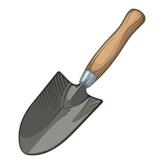 Garden scoop with wooden handle. Small shovel for earthworks. Vector illustration of a garden shovel.