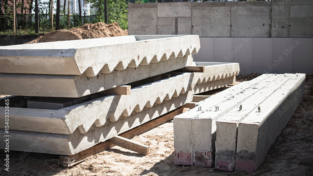 Poster construction site shows stacked concrete slabs in preparation for building foundations and structure