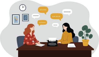 Two Women Collaborating at a Desk with Speech Bubbles, Typewriter, and Office Decor flat vector illustration
