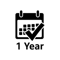 A black and white graphic of a calendar with a check mark indicating a year is complete on a white background
