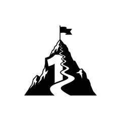 A black and white illustration of a mountain with a flag and the number one on it design vector