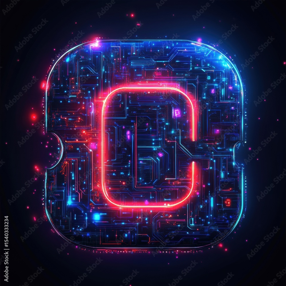 Poster abstract glowing letter c in a complex circuit board design on dark background
