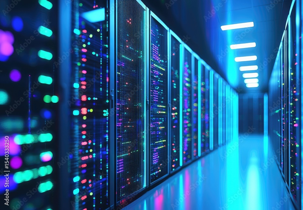 Poster futuristic data center hallway with glowing server racks and vibrant led lights in blue tones. perfe
