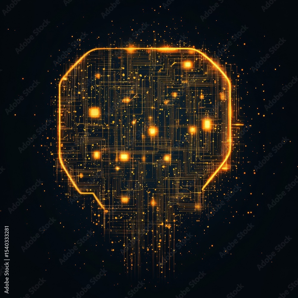 Poster illuminated tech skull with glowing circuitry on dark background