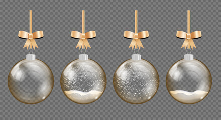 Realistic hanging glass winter balls empty and with snow. Decoration, transparent crystal sphere with snowflakes vector set. Decor, bubble with falling snow