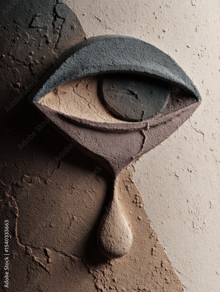 Poster Abstract Clay Eye With a Single Tear in Muted Tones Capturing a Moment of Reflection and Emotion