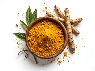 Fresh turmeric roots and ground turmeric in wooden bowl with green herbs, suitable for food, health, or spice content. Generative AI