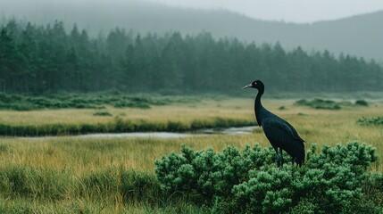 Fototapeta premium Black crane in a grassy wetland.