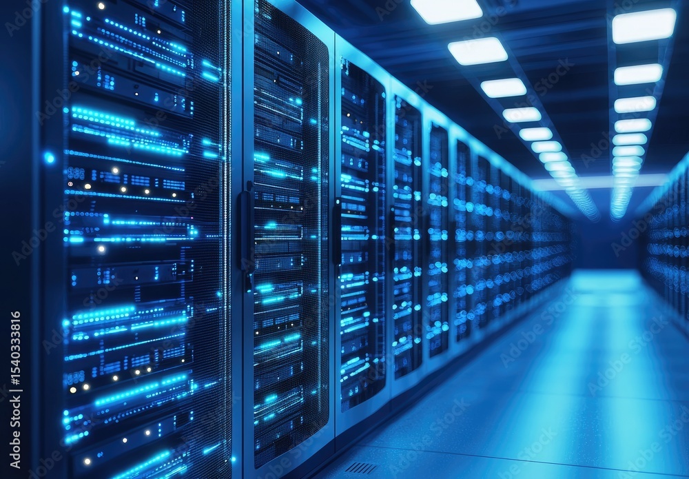 Poster digital data center corridor filled with glowing blue server racks and symmetrical lights. ideal for