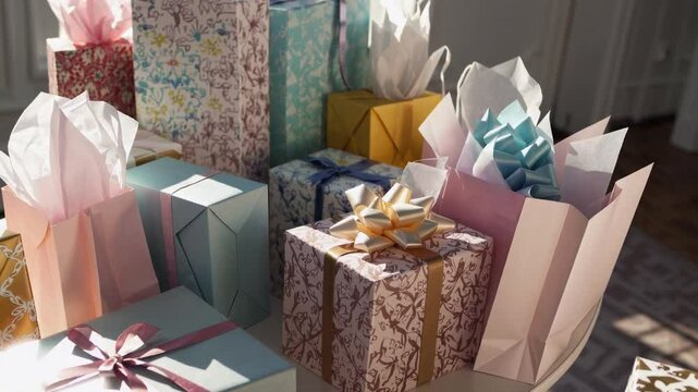 Wrapped Gifts Abound: An array of colorful and beautifully wrapped presents, each carefully adorned with ribbons and tissue paper, arranged together, ready to be unveiled