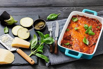 Eggplant Parmigiana in a baking dish, top view