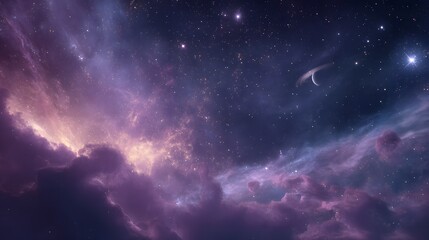Fototapeta premium Cinematic outer space scene featuring a glowing galaxy, vibrant purple nebula, and a detailed ringed planet, perfect for sci-fi wallpaper.