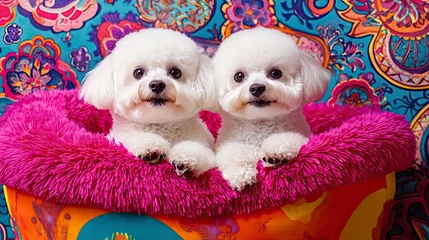 Fotobehang Dierenarts Two adorable Bichon Frise dogs in a vibrant pink bed, against a patterned backdrop  © Muhamat