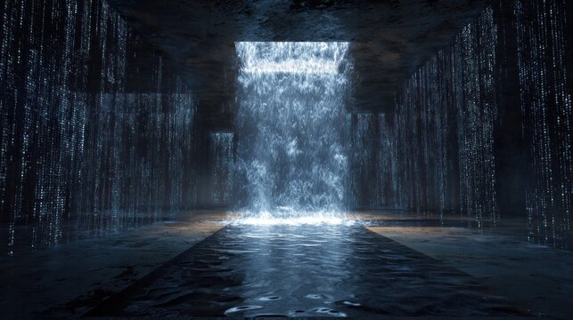 A futuristic dark room illuminated by cascading streams of glowing digital rain and a central waterfall of light.