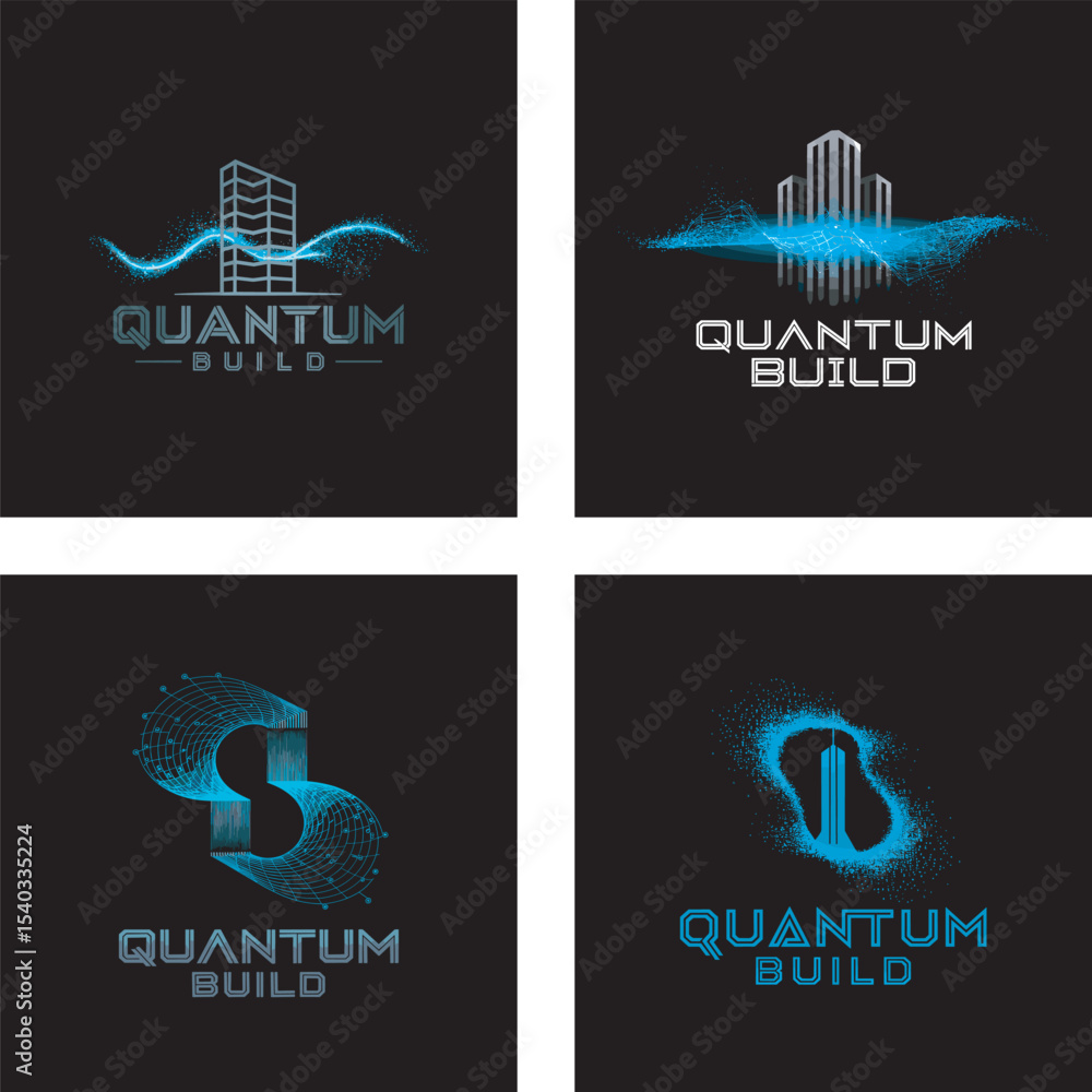 Poster four abstract logos for quantum build representing construction and architectural concepts with part