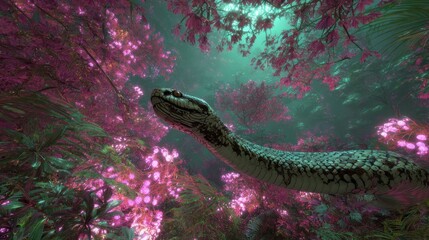 Obraz premium A snake slithers through a vibrant, mystical forest filled with glowing pink flowers and dense green foliage under a misty sky.