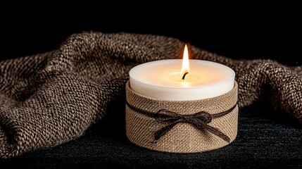 A round candle with a burlap-wrapped base sits on a dark surface.