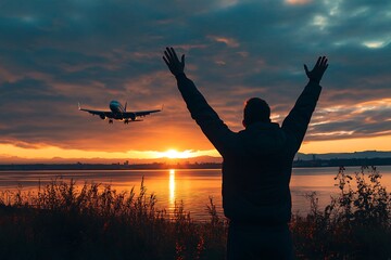 Fototapeta premium Silhouette of a Man with Arms Raised Watching an Airplane Land at Sunset Over Water
