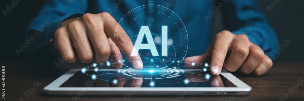 Poster person interacts with a digital tablet displaying artificial intelligence.