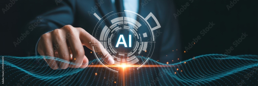 Poster person interacts with a digital representation of artificial intelligence.