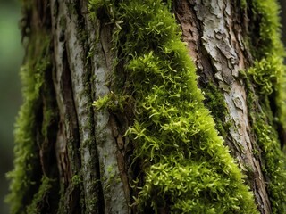 Obraz premium Macro close-up of soft green moss growing on tree bark