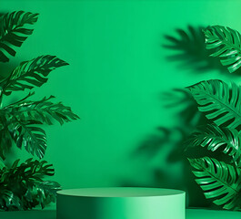 Product podium with green paper cut tropical monstera and palm leaf on green background. AI-generated