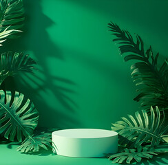 Product podium with green paper cut tropical monstera and palm leaf on green background. AI-generated