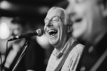 A man is singing into a microphone and smiling