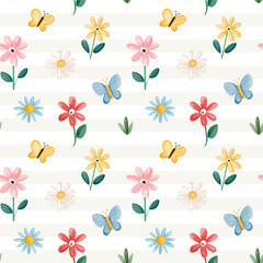 Watercolor seamless pattern with cute summer elements in kids style. Summertime nature, butterfly, flowers