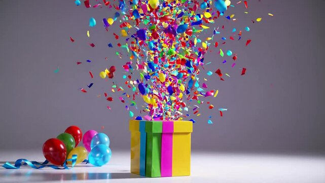Explosive Celebration: A vibrant gift box erupts in a shower of confetti, symbolizing celebration and excitement. A few balloons near to the box gives the image more charming and exciting.