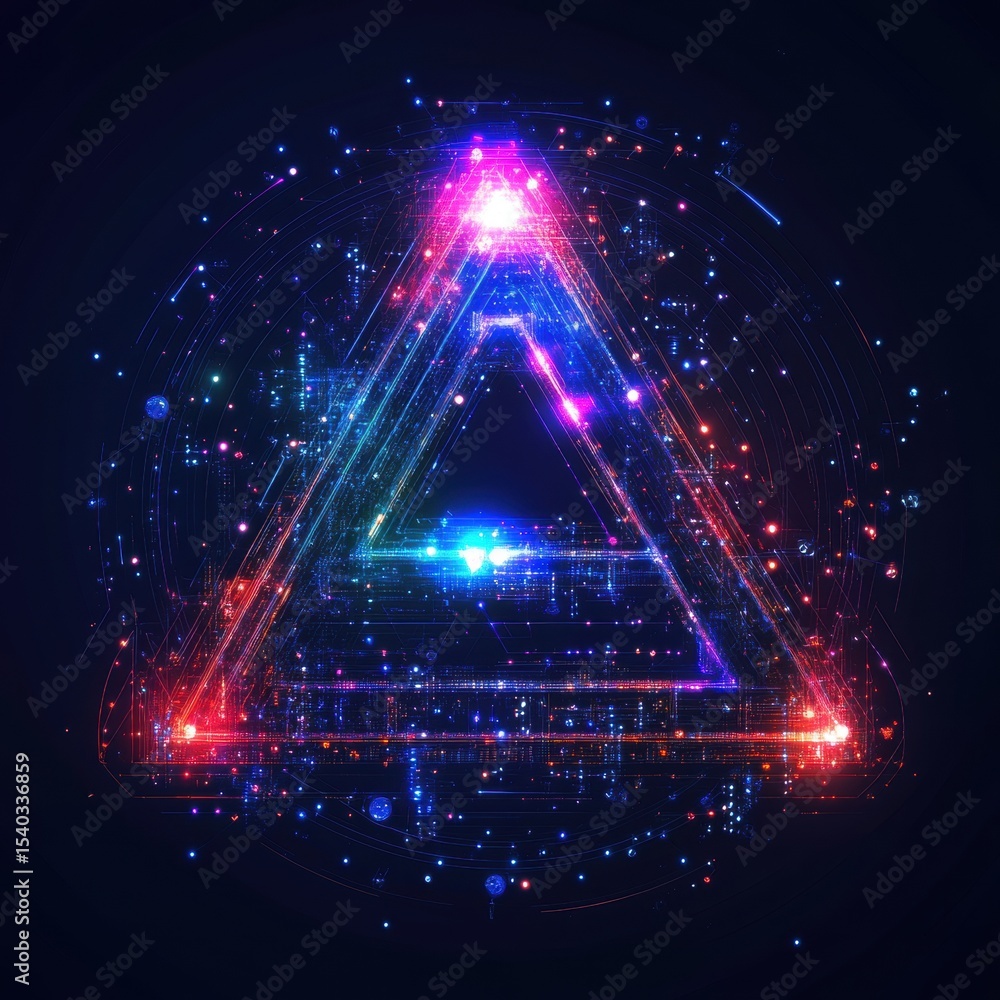 Poster glowing triangle shape with abstract data stream on dark background