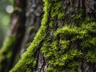 Obraz premium Macro close-up of soft green moss growing on tree bark