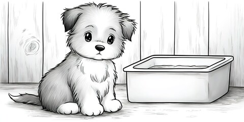 Cute white Maltipoo puppy big eyes sitting next water bowl illustration