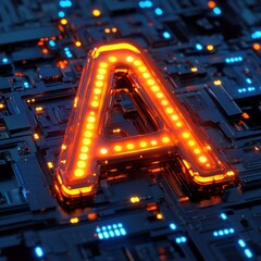 Glowing Letter A on Detailed Circuit Board Surface with Blue and Orange Lights