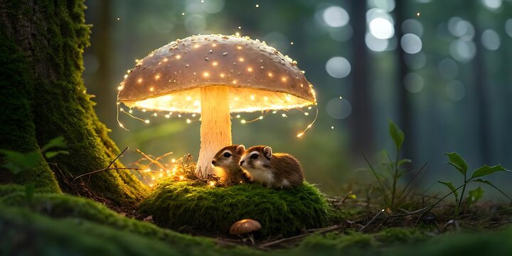 Two chipmunks under a glowing mushroom in a magical forest. - Powered by Adobe