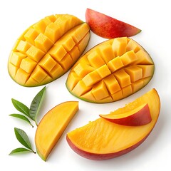 Fresh mango cubes and slices isolated on white background