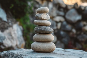 A stack of smooth stones balanced on a rock, showcasing harmony and tranquility against a blurred natural background.