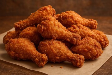 Crispy golden fried chicken drumsticks.