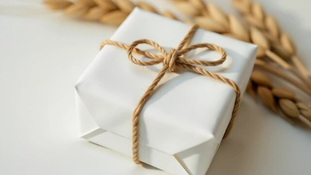 A white box wrapped with twine, a simple yet secure fastening.
