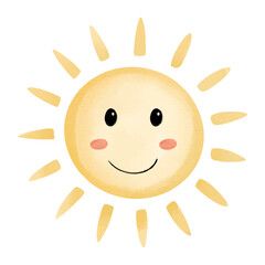 Watercolor smiling sun for childlike scenes, perfect for cards, prints and summertime design
