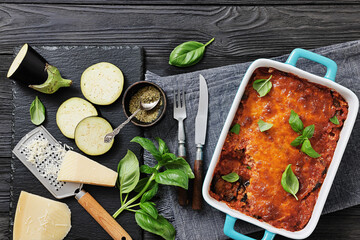Eggplant Parmigiana in a baking dish, top view