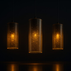 Illuminated Pendant Lights: A minimalist interior design with three elegant cylindrical pendant lights casting a warm, inviting glow.