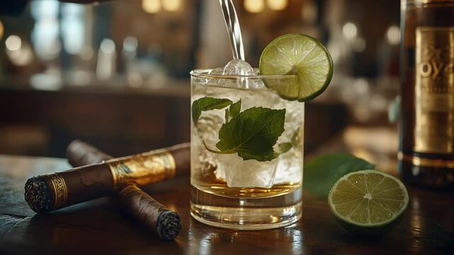 Mojito Cocktail with Cuba, Lime, Cigar, and Bar.